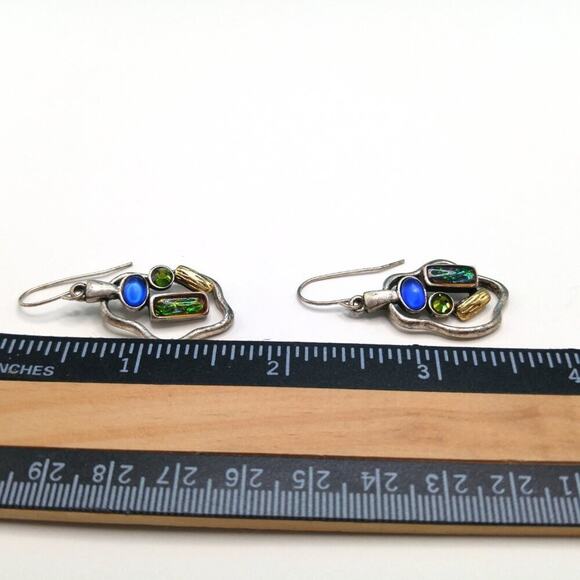 Chico's Silver Tone Drop Earrings, Blue and Green Stones, Hook Ear Wire - Picture 7 of 9